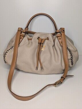 MCM Pebbled Leather Bucket Bag Drawstring Snap Close Cream Tan Tote Shoulder Bag